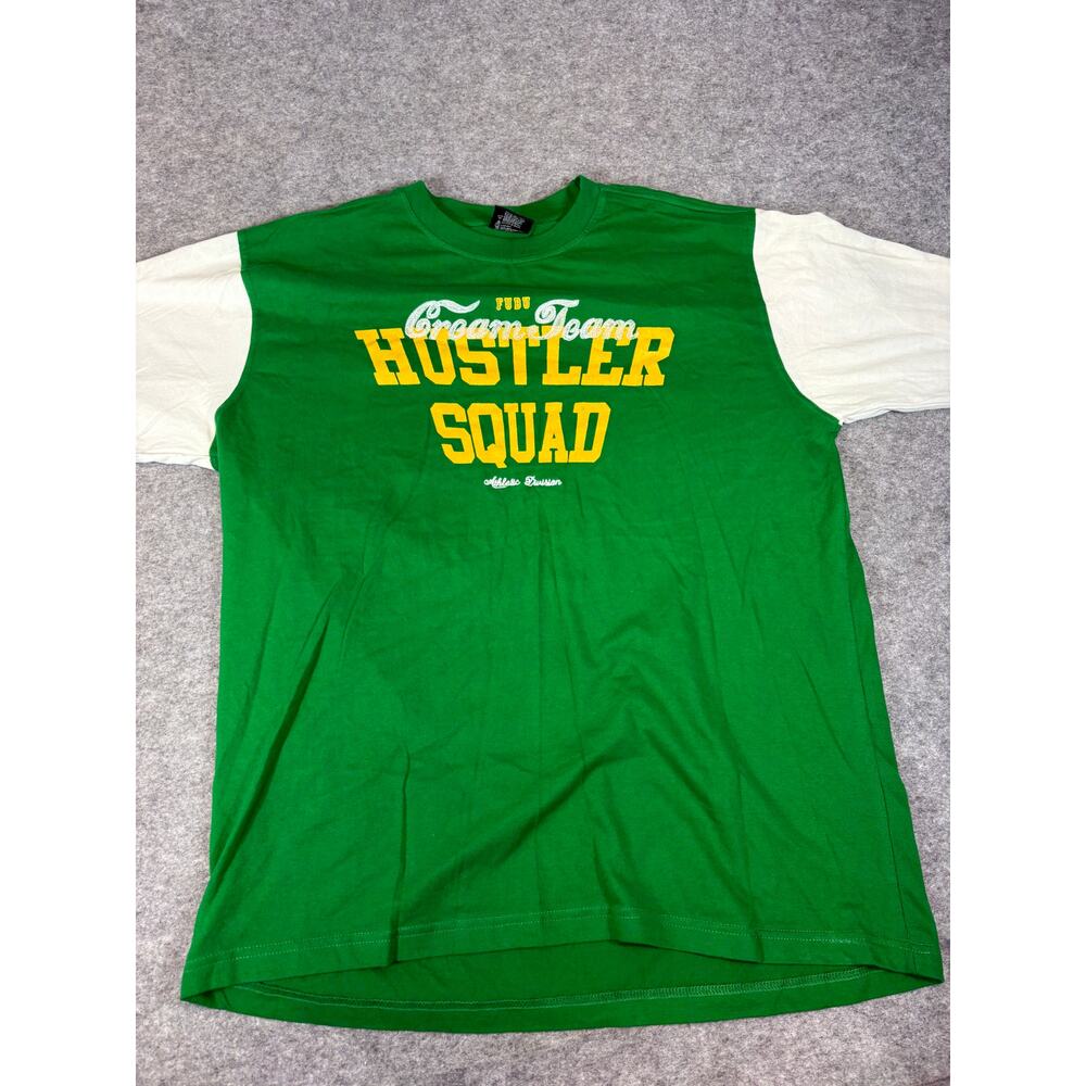 Vintage Fubu Team Creamer Hustler Squad Graphic Tee Men XL Green White Retro Y2K